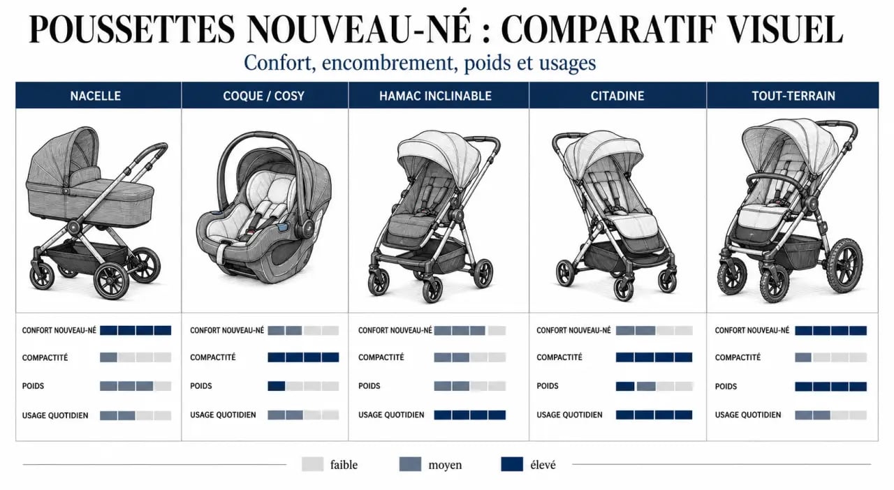 Comment bien choisir sa première poussette pour nouveau-né : comparaison visuelle des poussettes nacelle, coque et citadine