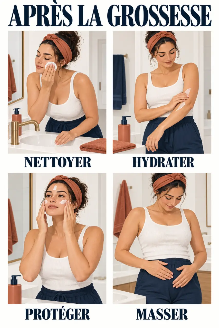 Routine beauté après la grossesse en quatre gestes simples avec soins hydratants et accessoires